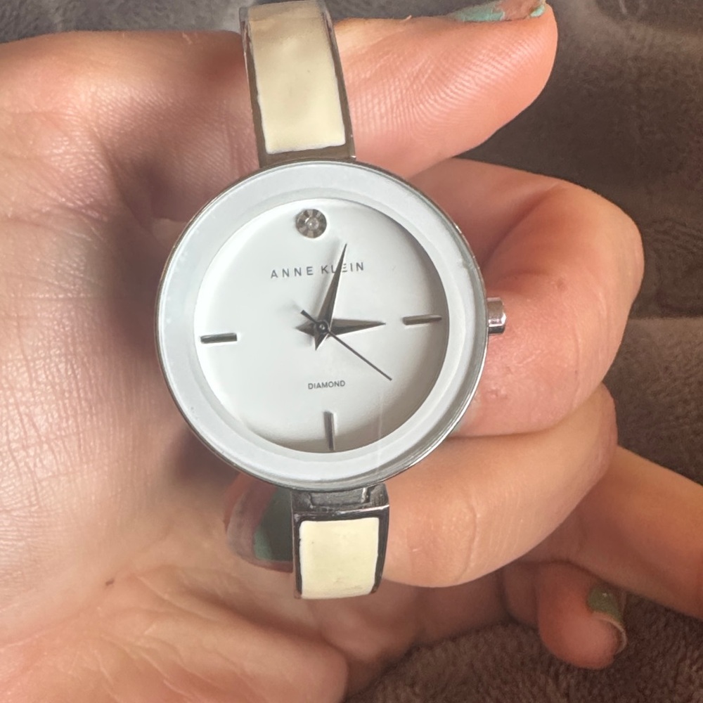 Anne Klein White and Silver Diamond Accent Watch